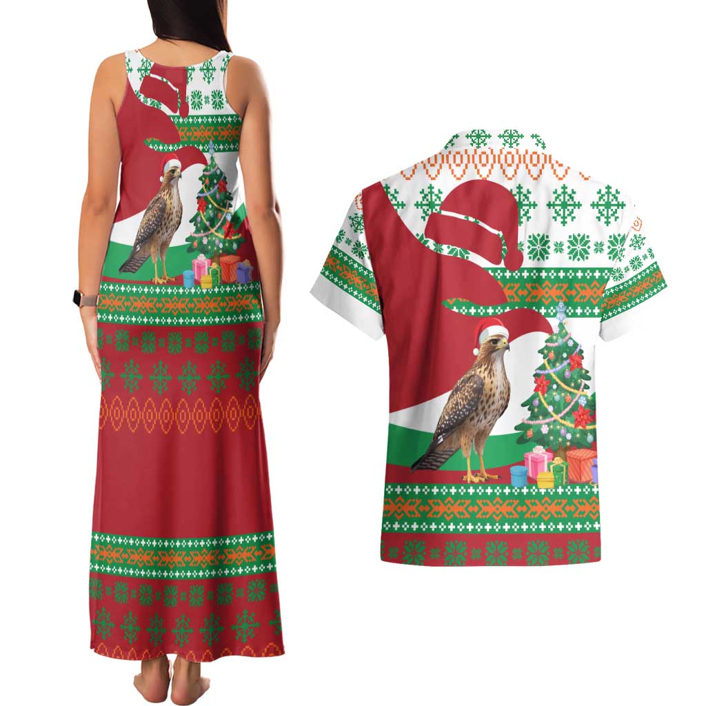 Lebanon Christmas Couples Matching Tank Maxi Dress and Hawaiian Shirt with Falcon, Holiday Tree, and Red Green Snowflake Pattern - Wonder Print Shop