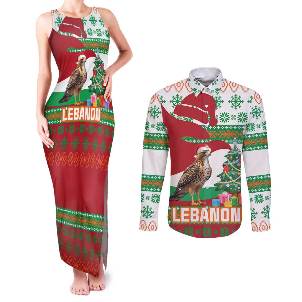 Lebanon Christmas Couples Matching Tank Maxi Dress and Long Sleeve Button Shirt with Falcon, Holiday Tree, and Red Green Snowflake Pattern - Wonder Print Shop