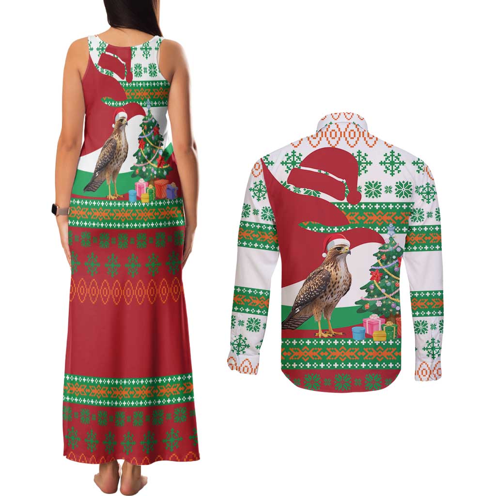 Lebanon Christmas Couples Matching Tank Maxi Dress and Long Sleeve Button Shirt with Falcon, Holiday Tree, and Red Green Snowflake Pattern - Wonder Print Shop