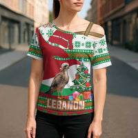 Lebanon Christmas Cross Shoulder Shirt with Falcon, Holiday Tree, and Red Green Snowflake Pattern - Wonder Print Shop