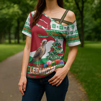 Lebanon Christmas Cross Shoulder Shirt with Falcon, Holiday Tree, and Red Green Snowflake Pattern - Wonder Print Shop