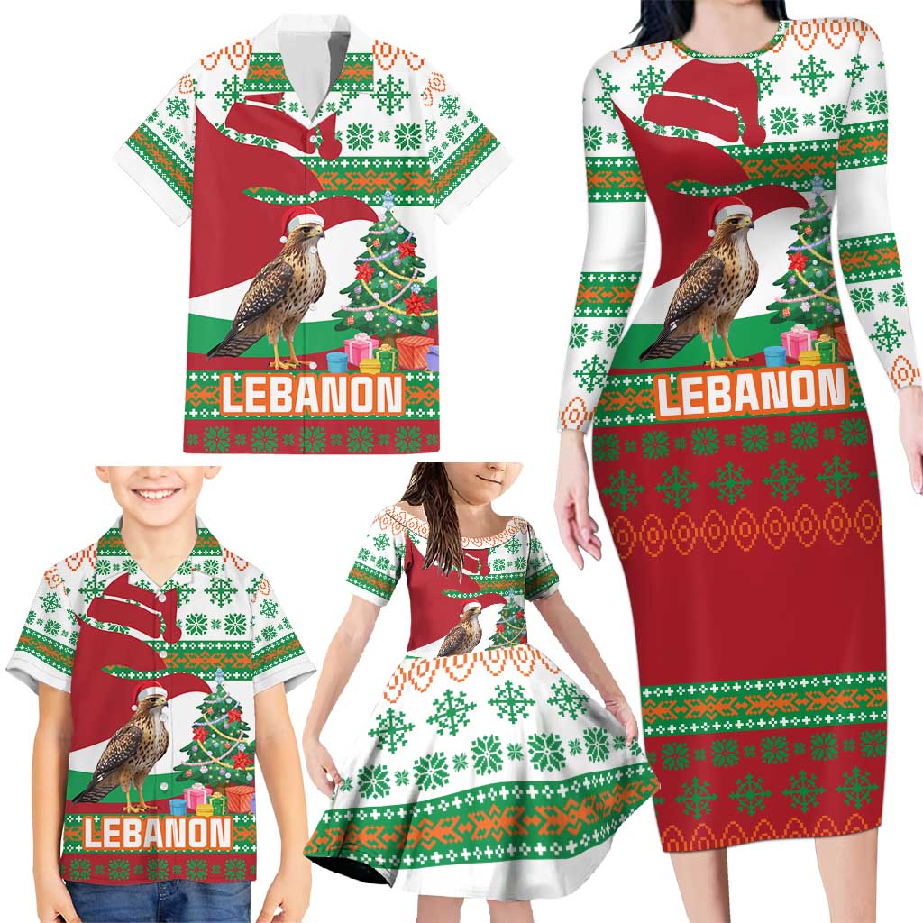 Lebanon Christmas Family Matching Long Sleeve Bodycon Dress and Hawaiian Shirt with Falcon, Holiday Tree, and Red Green Snowflake Pattern - Wonder Print Shop