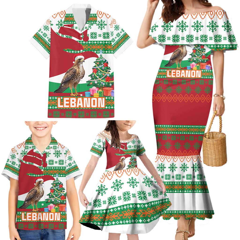 Lebanon Christmas Family Matching Mermaid Dress and Hawaiian Shirt with Falcon, Holiday Tree, and Red Green Snowflake Pattern - Wonder Print Shop