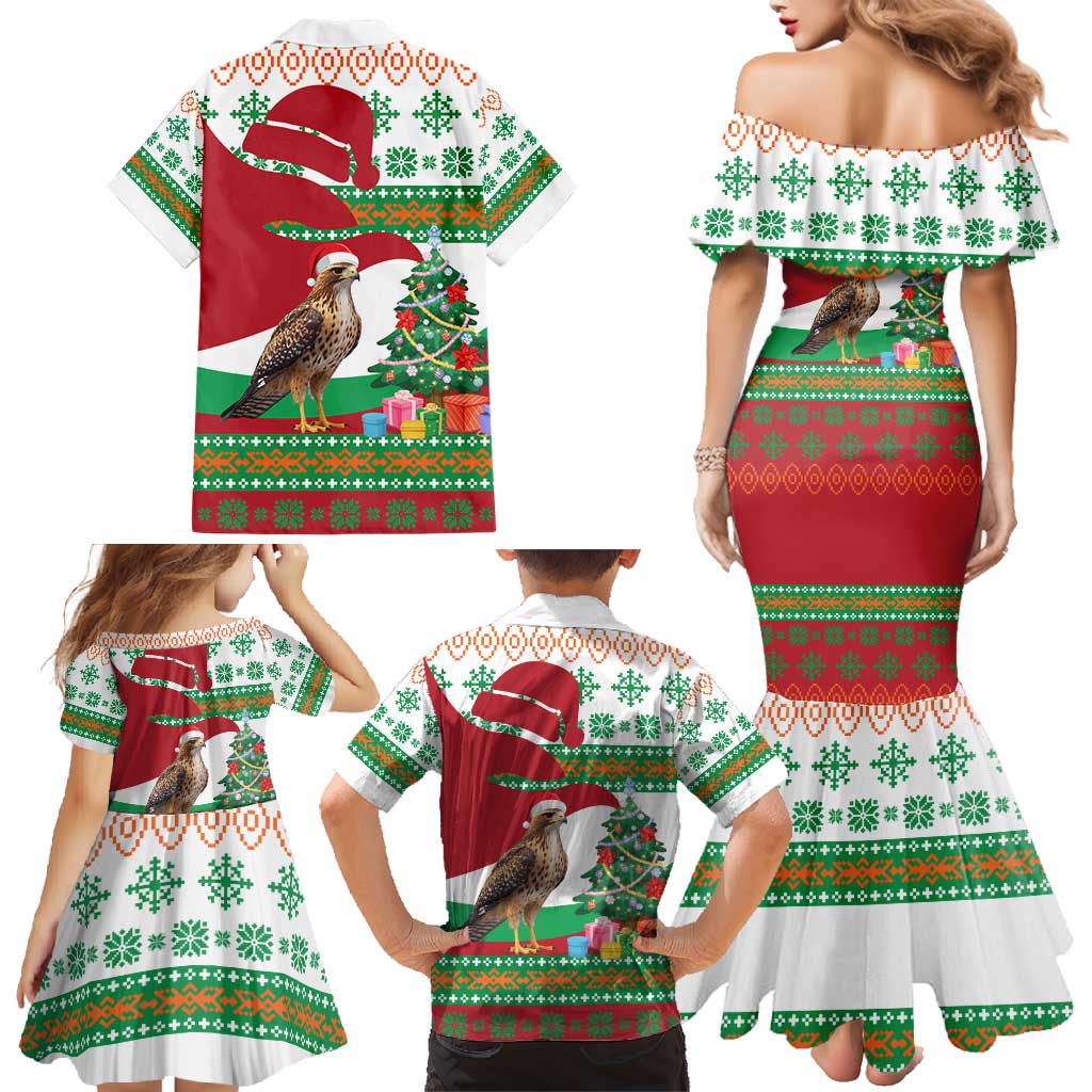 Lebanon Christmas Family Matching Mermaid Dress and Hawaiian Shirt with Falcon, Holiday Tree, and Red Green Snowflake Pattern - Wonder Print Shop