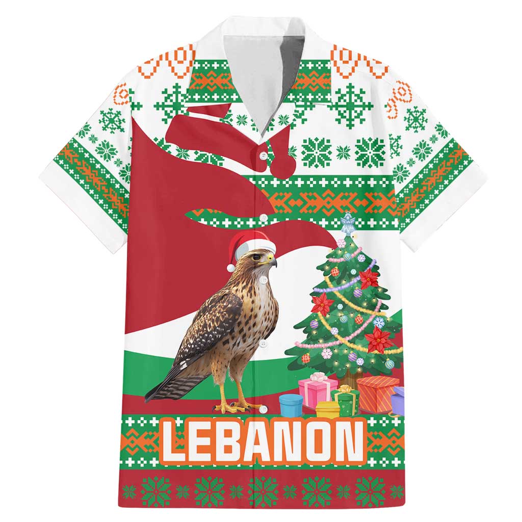 Lebanon Christmas Family Matching Mermaid Dress and Hawaiian Shirt with Falcon, Holiday Tree, and Red Green Snowflake Pattern - Wonder Print Shop