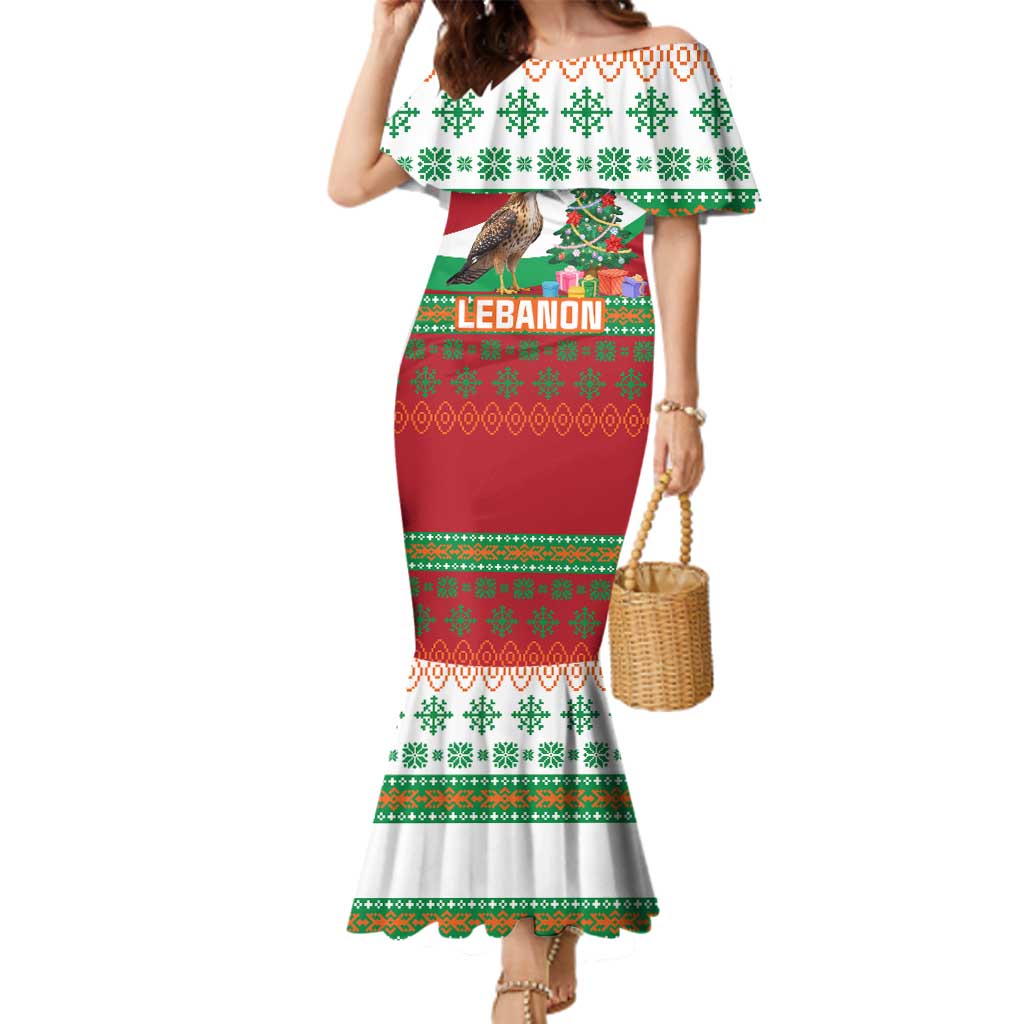Lebanon Christmas Family Matching Mermaid Dress and Hawaiian Shirt with Falcon, Holiday Tree, and Red Green Snowflake Pattern - Wonder Print Shop