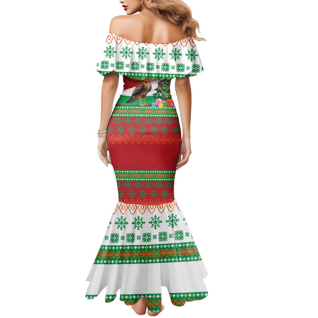 Lebanon Christmas Family Matching Mermaid Dress and Hawaiian Shirt with Falcon, Holiday Tree, and Red Green Snowflake Pattern - Wonder Print Shop