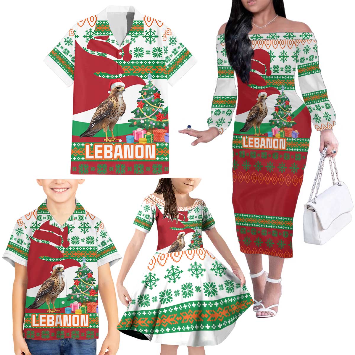 Lebanon Christmas Family Matching Off The Shoulder Long Sleeve Dress and Hawaiian Shirt with Falcon, Holiday Tree, and Red Green Snowflake Pattern - Wonder Print Shop