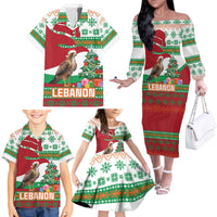 Lebanon Christmas Family Matching Off The Shoulder Long Sleeve Dress and Hawaiian Shirt with Falcon, Holiday Tree, and Red Green Snowflake Pattern - Wonder Print Shop