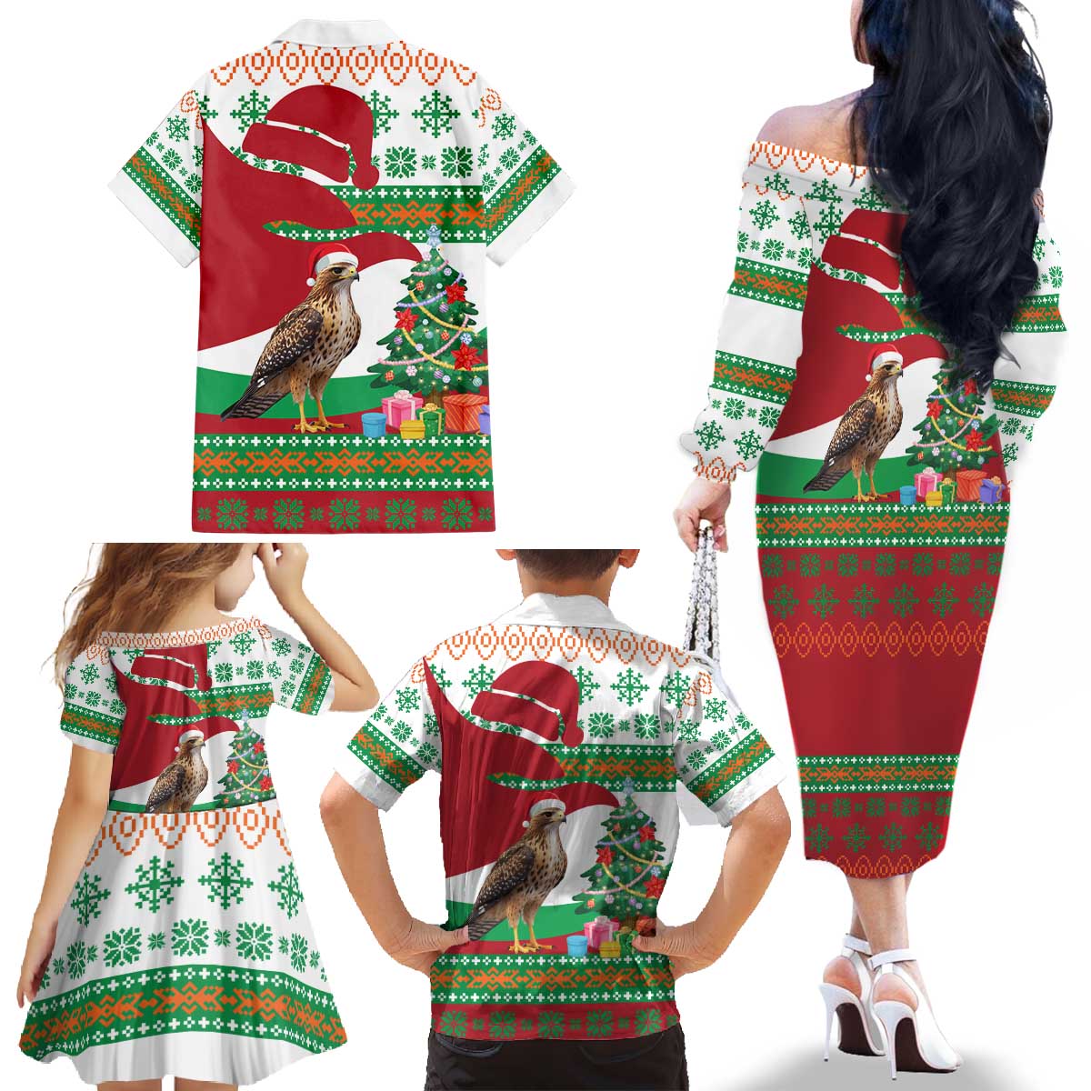 Lebanon Christmas Family Matching Off The Shoulder Long Sleeve Dress and Hawaiian Shirt with Falcon, Holiday Tree, and Red Green Snowflake Pattern - Wonder Print Shop