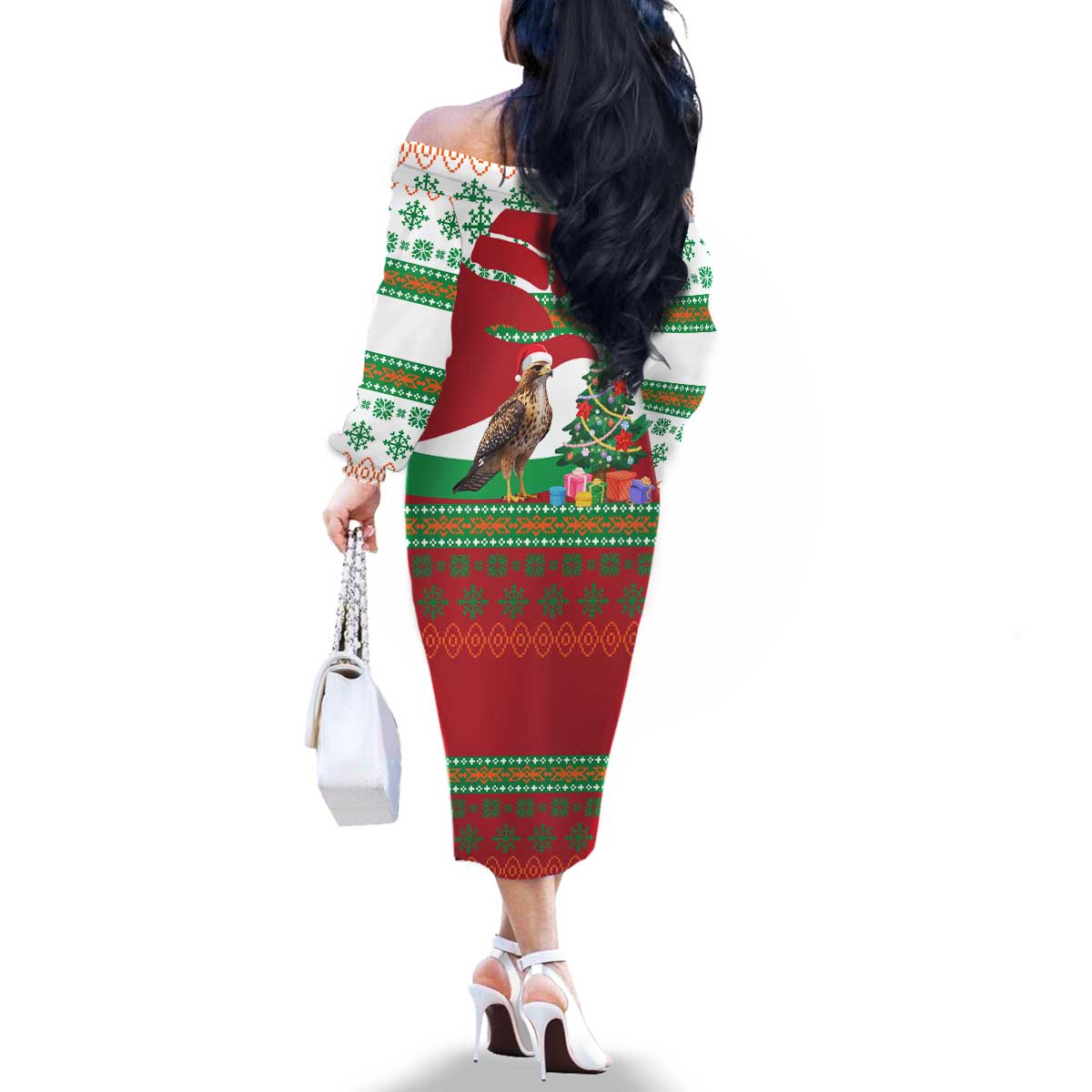Lebanon Christmas Family Matching Off The Shoulder Long Sleeve Dress and Hawaiian Shirt with Falcon, Holiday Tree, and Red Green Snowflake Pattern - Wonder Print Shop