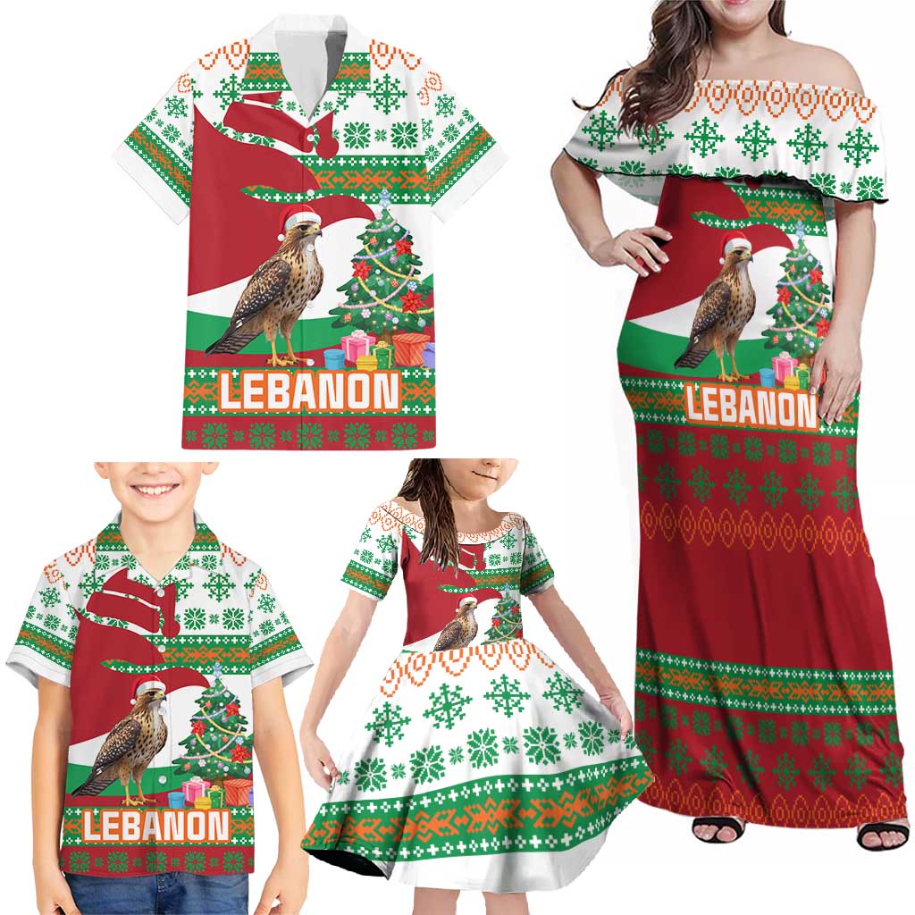 Lebanon Christmas Family Matching Off Shoulder Maxi Dress and Hawaiian Shirt with Falcon, Holiday Tree, and Red Green Snowflake Pattern - Wonder Print Shop