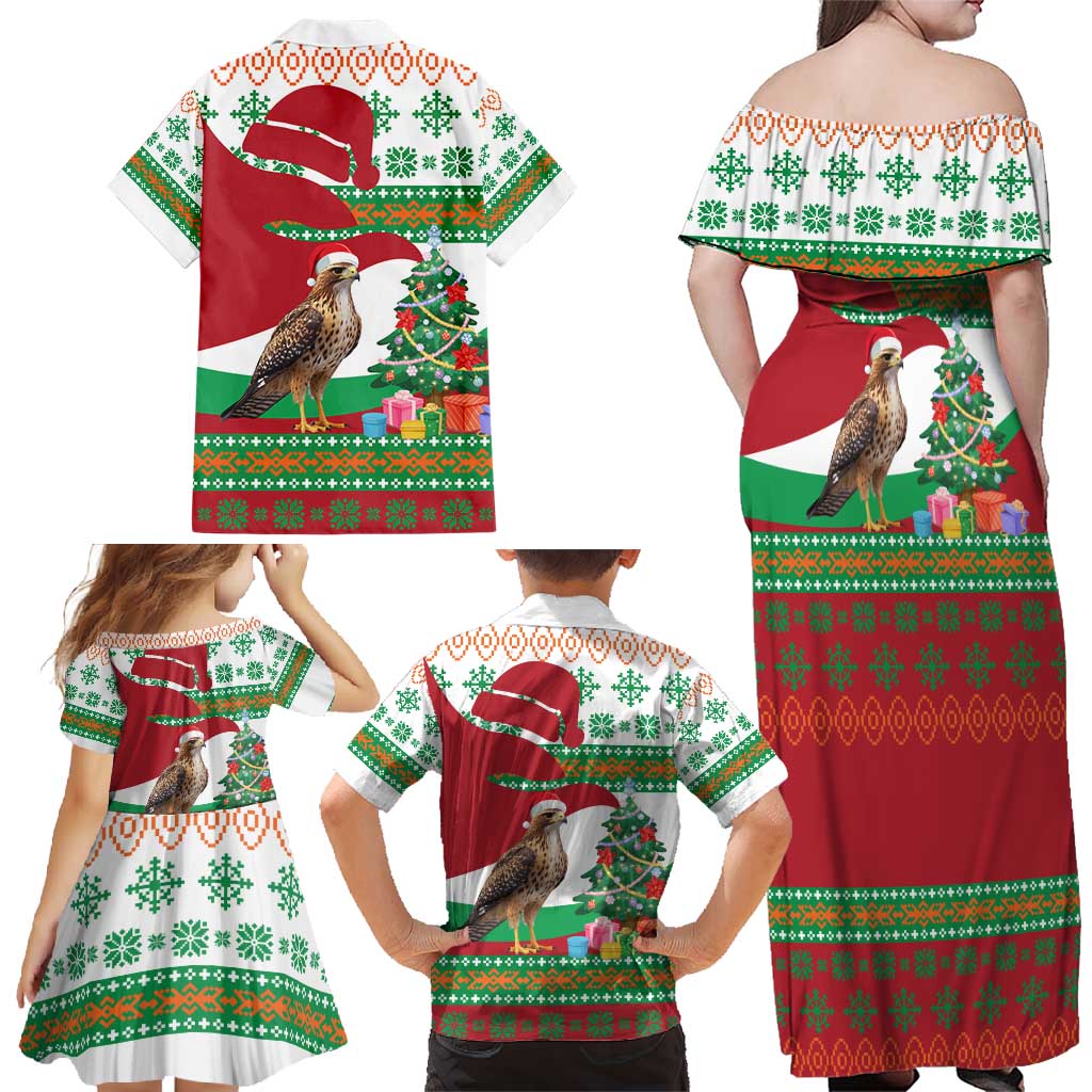 Lebanon Christmas Family Matching Off Shoulder Maxi Dress and Hawaiian Shirt with Falcon, Holiday Tree, and Red Green Snowflake Pattern - Wonder Print Shop