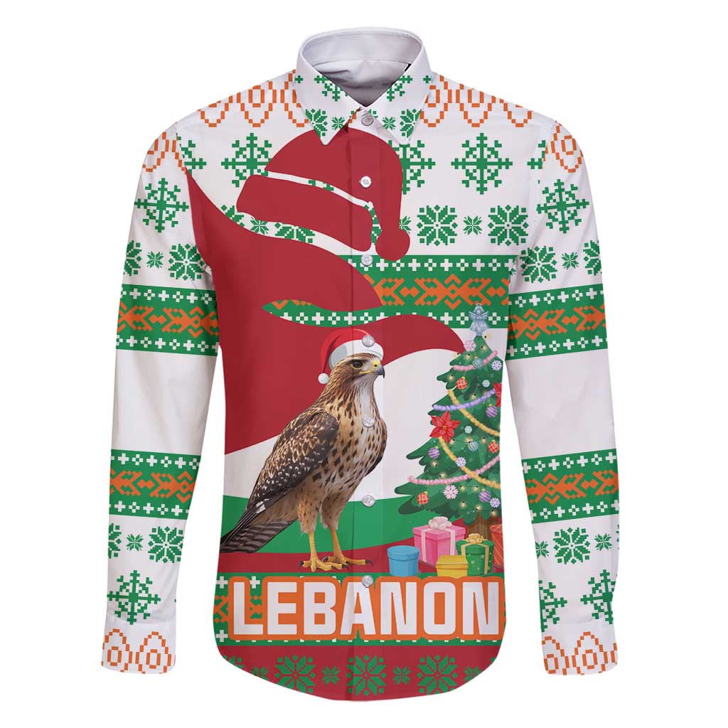 Lebanon Christmas Family Matching Off Shoulder Maxi Dress and Hawaiian Shirt with Falcon, Holiday Tree, and Red Green Snowflake Pattern - Wonder Print Shop