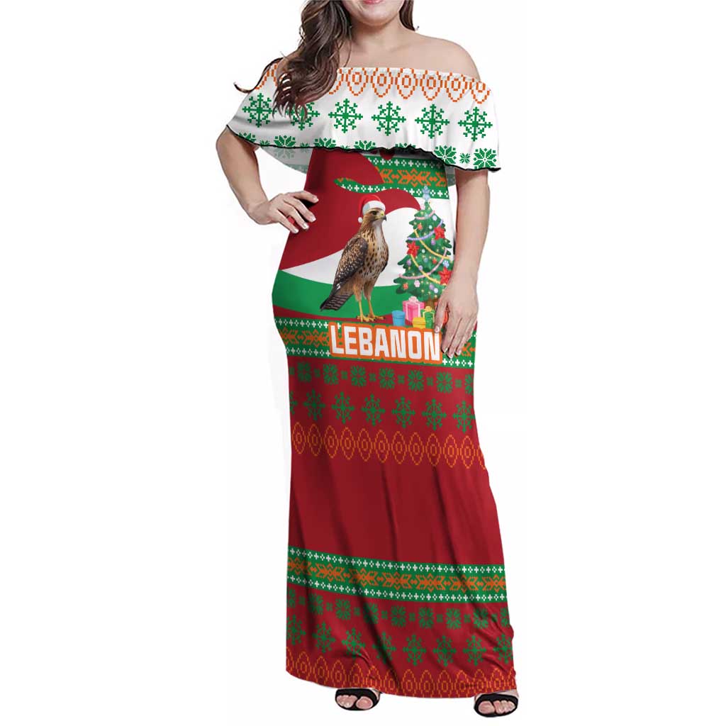 Lebanon Christmas Family Matching Off Shoulder Maxi Dress and Hawaiian Shirt with Falcon, Holiday Tree, and Red Green Snowflake Pattern - Wonder Print Shop