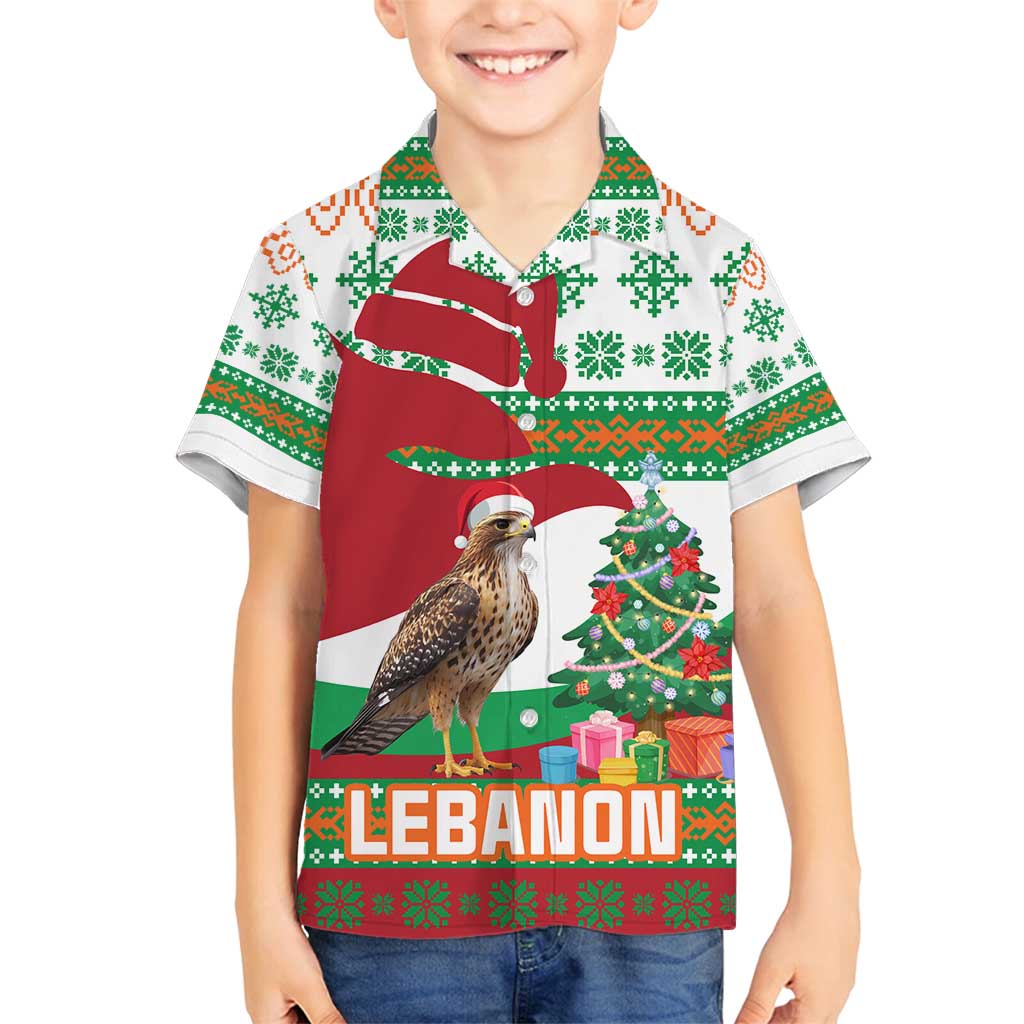 Lebanon Christmas Family Matching Off Shoulder Maxi Dress and Hawaiian Shirt with Falcon, Holiday Tree, and Red Green Snowflake Pattern - Wonder Print Shop