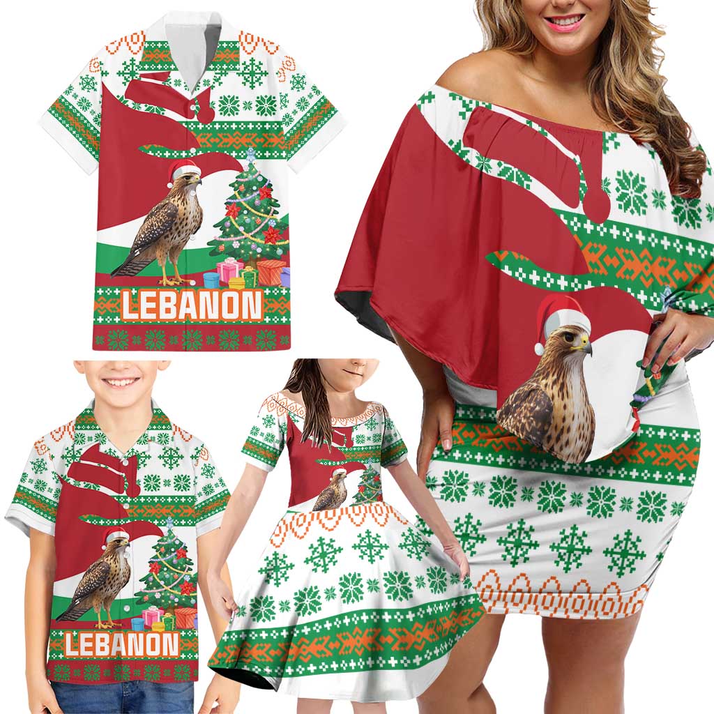 Lebanon Christmas Family Matching Off Shoulder Short Dress and Hawaiian Shirt with Falcon, Holiday Tree, and Red Green Snowflake Pattern - Wonder Print Shop