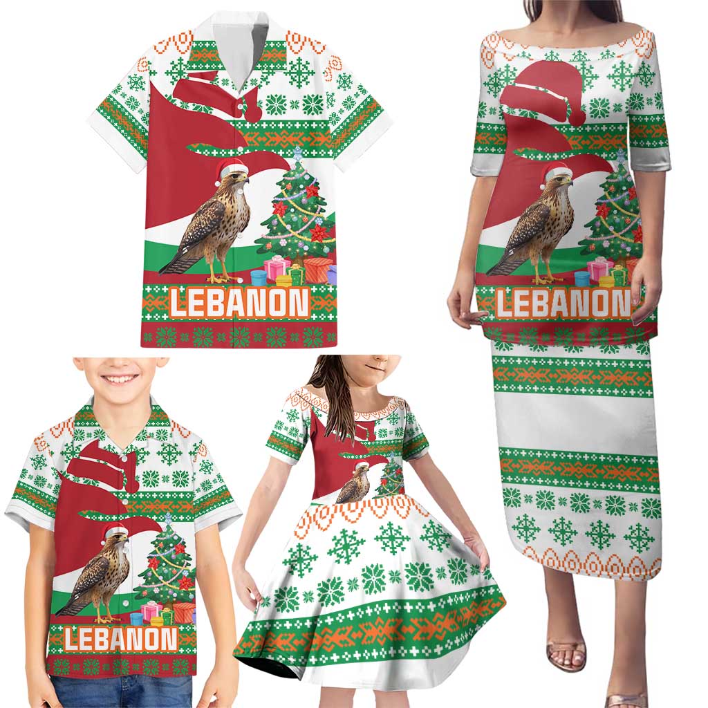 Lebanon Christmas Family Matching Puletasi and Hawaiian Shirt with Falcon, Holiday Tree, and Red Green Snowflake Pattern - Wonder Print Shop