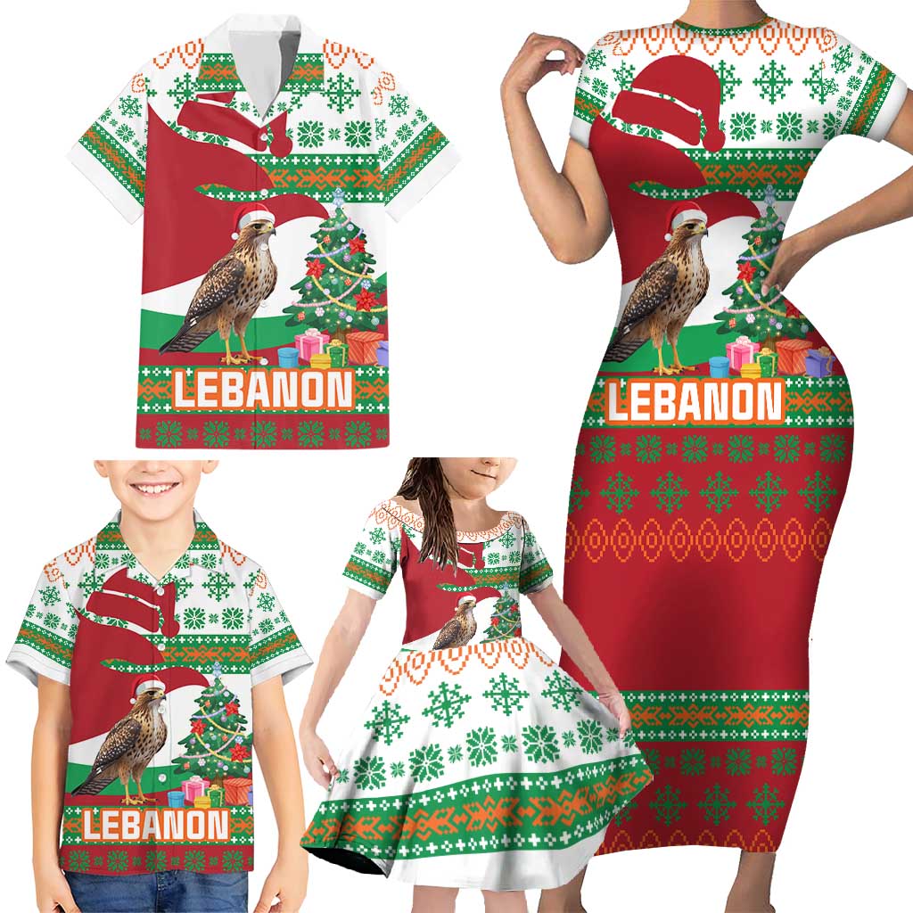 Lebanon Christmas Family Matching Short Sleeve Bodycon Dress and Hawaiian Shirt with Falcon, Holiday Tree, and Red Green Snowflake Pattern - Wonder Print Shop