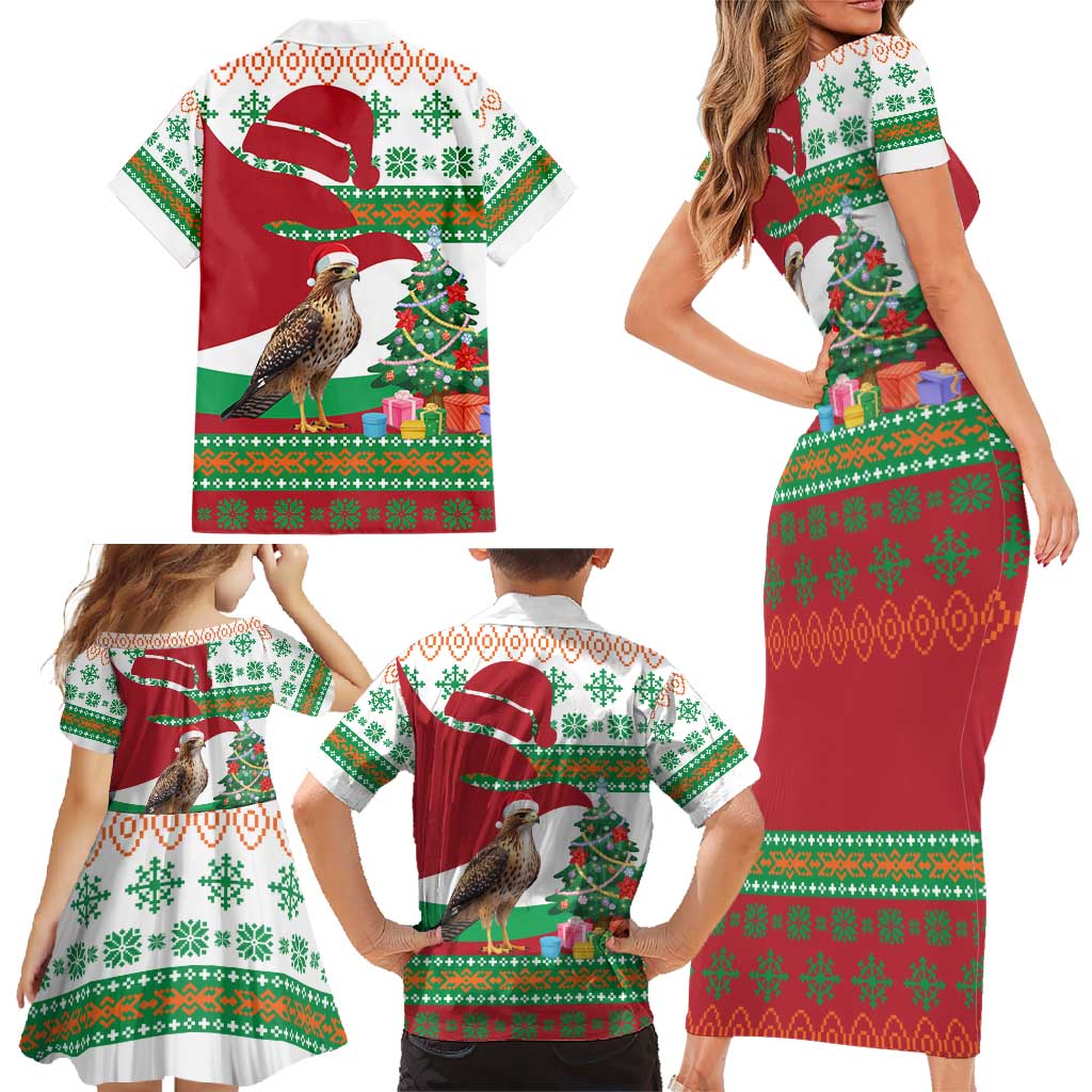 Lebanon Christmas Family Matching Short Sleeve Bodycon Dress and Hawaiian Shirt with Falcon, Holiday Tree, and Red Green Snowflake Pattern - Wonder Print Shop