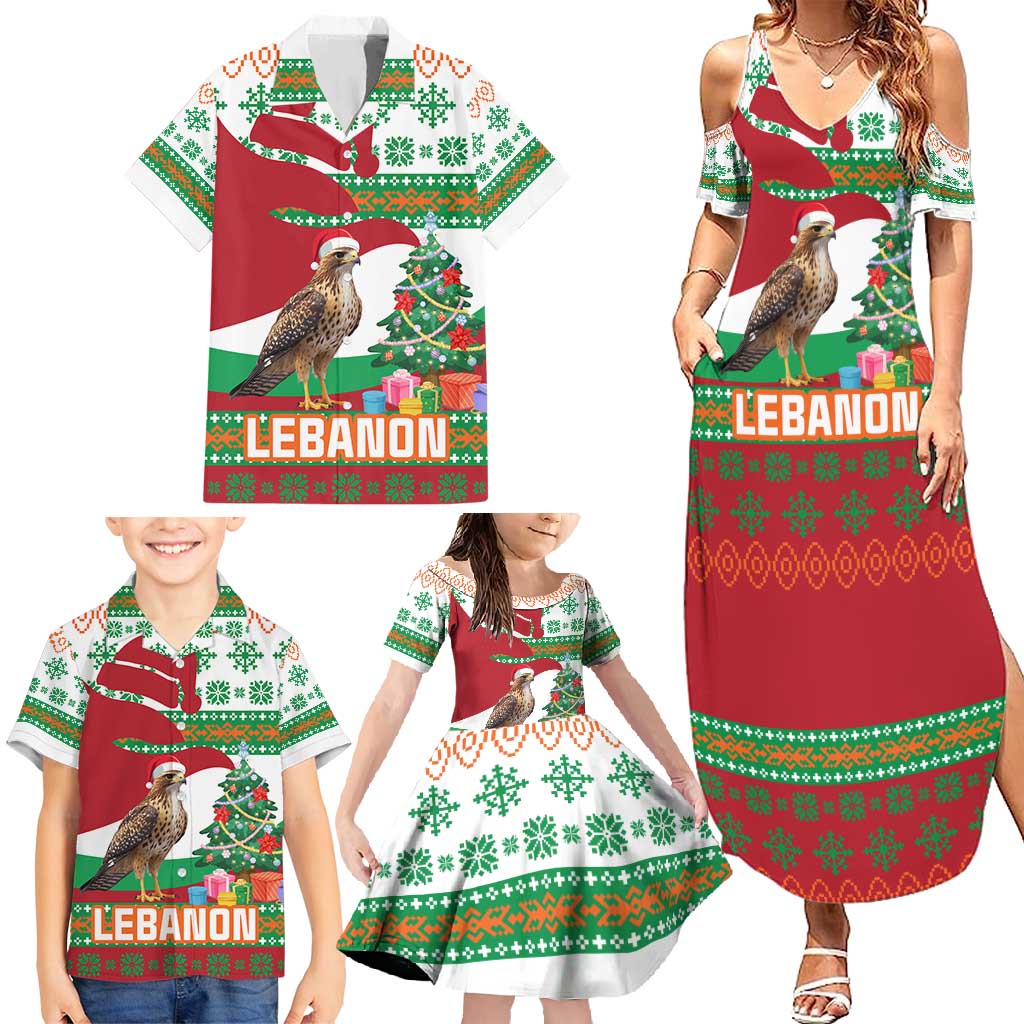 Lebanon Christmas Family Matching Summer Maxi Dress and Hawaiian Shirt with Falcon, Holiday Tree, and Red Green Snowflake Pattern - Wonder Print Shop