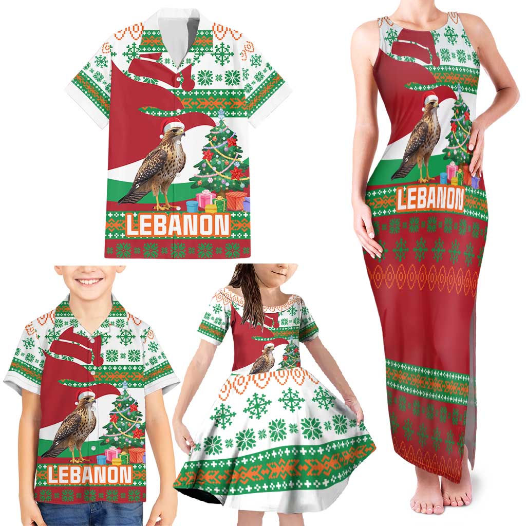Lebanon Christmas Family Matching Tank Maxi Dress and Hawaiian Shirt with Falcon, Holiday Tree, and Red Green Snowflake Pattern - Wonder Print Shop