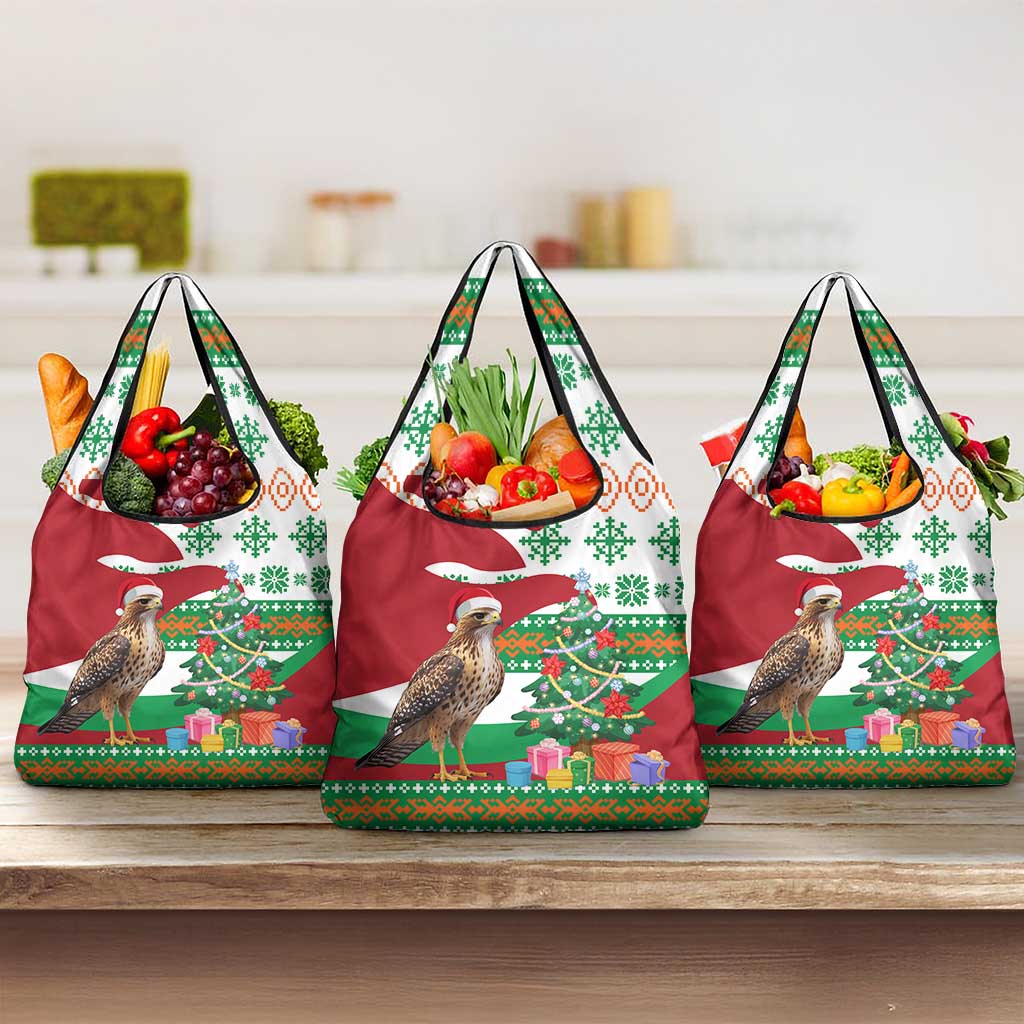 Lebanon Christmas Grocery Bag with Falcon, Holiday Tree, and Red Green Snowflake Pattern - Wonder Print Shop