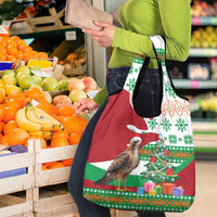 Lebanon Christmas Grocery Bag with Falcon, Holiday Tree, and Red Green Snowflake Pattern - Wonder Print Shop