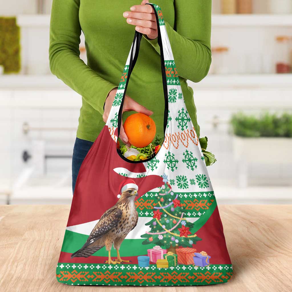 Lebanon Christmas Grocery Bag with Falcon, Holiday Tree, and Red Green Snowflake Pattern - Wonder Print Shop