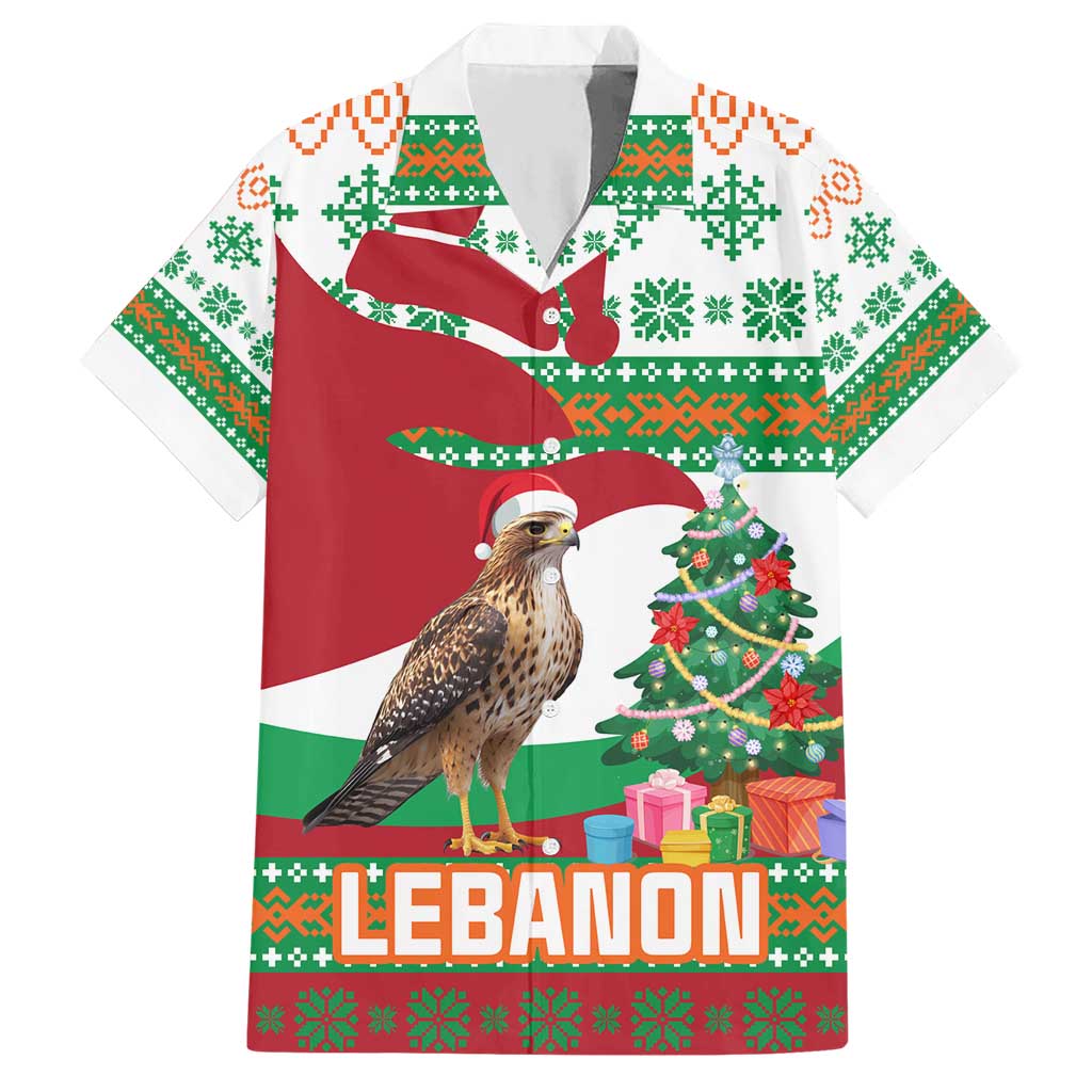 Lebanon Christmas Hawaiian Shirt with Falcon, Holiday Tree, and Red Green Snowflake Pattern - Wonder Print Shop