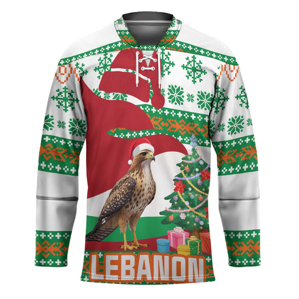Lebanon Christmas Hockey Jersey with Falcon, Holiday Tree, and Red Green Snowflake Pattern - Wonder Print Shop