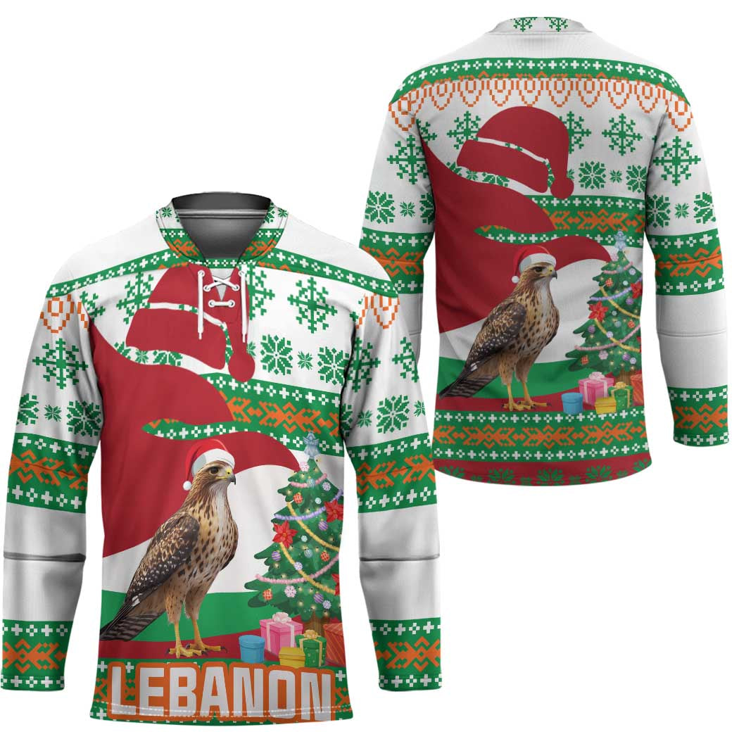 Lebanon Christmas Hockey Jersey with Falcon, Holiday Tree, and Red Green Snowflake Pattern - Wonder Print Shop