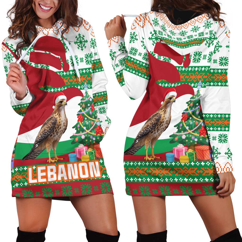 Lebanon Christmas Hoodie Dress with Falcon, Holiday Tree, and Red Green Snowflake Pattern - Wonder Print Shop