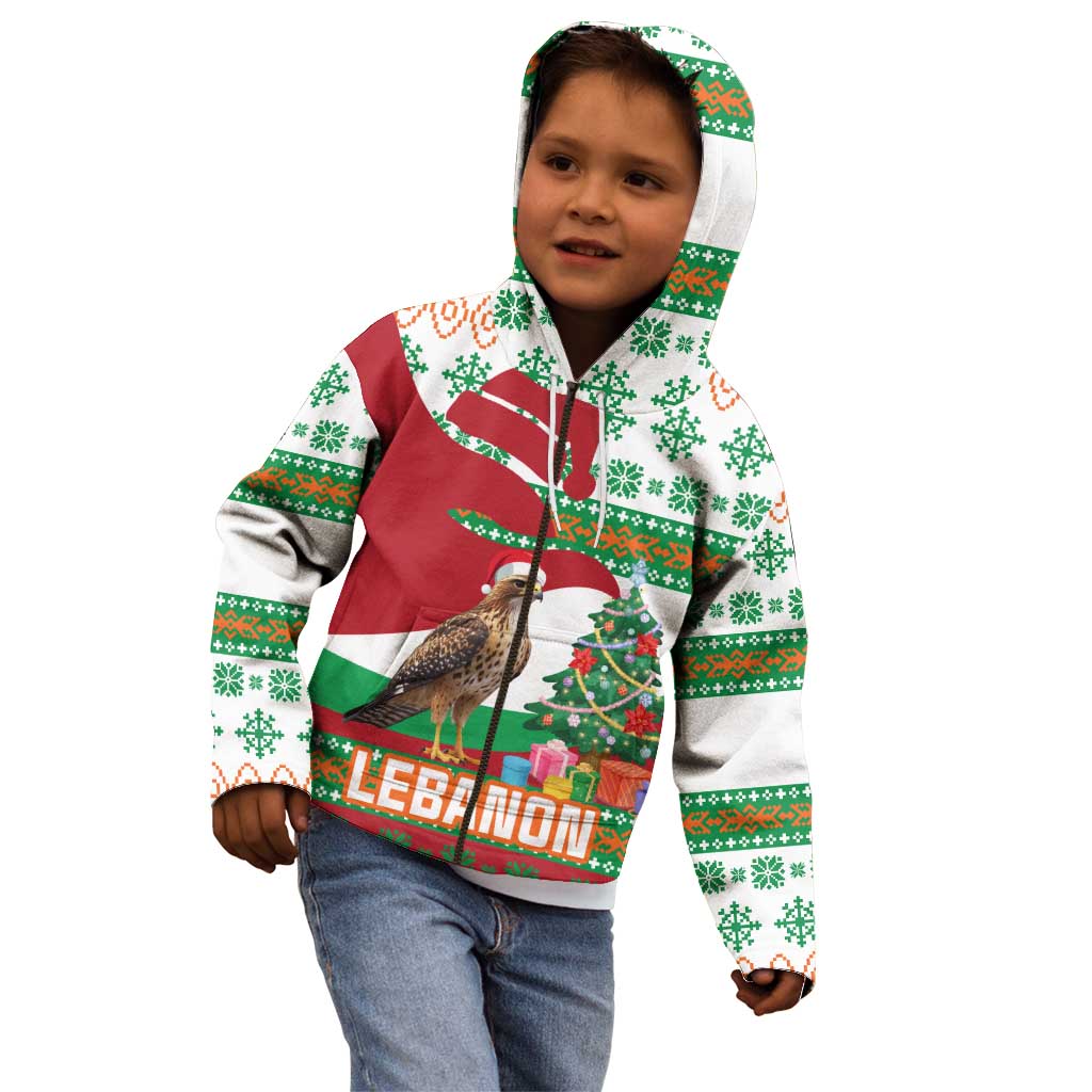 Lebanon Christmas Kid Hoodie with Falcon, Holiday Tree, and Red Green Snowflake Pattern - Wonder Print Shop