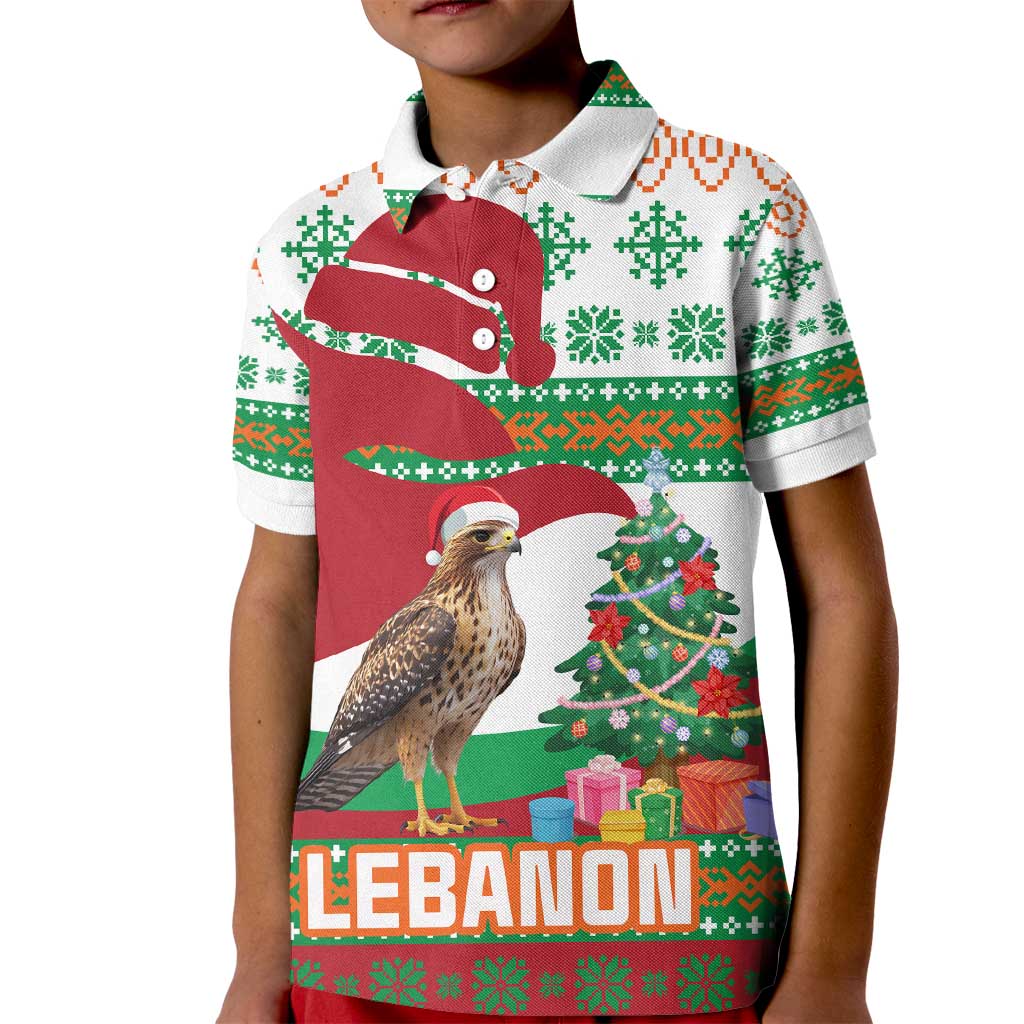 Lebanon Christmas Kid Polo Shirt with Falcon, Holiday Tree, and Red Green Snowflake Pattern - Wonder Print Shop