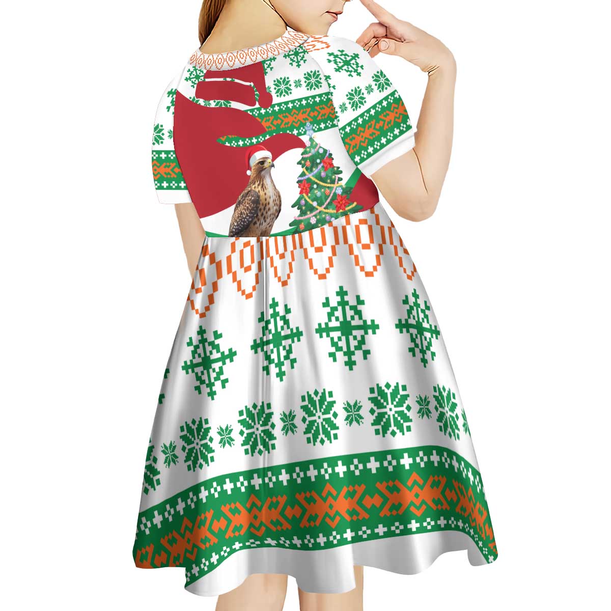 Lebanon Christmas Kid Short Sleeve Dress with Falcon, Holiday Tree, and Red Green Snowflake Pattern - Wonder Print Shop