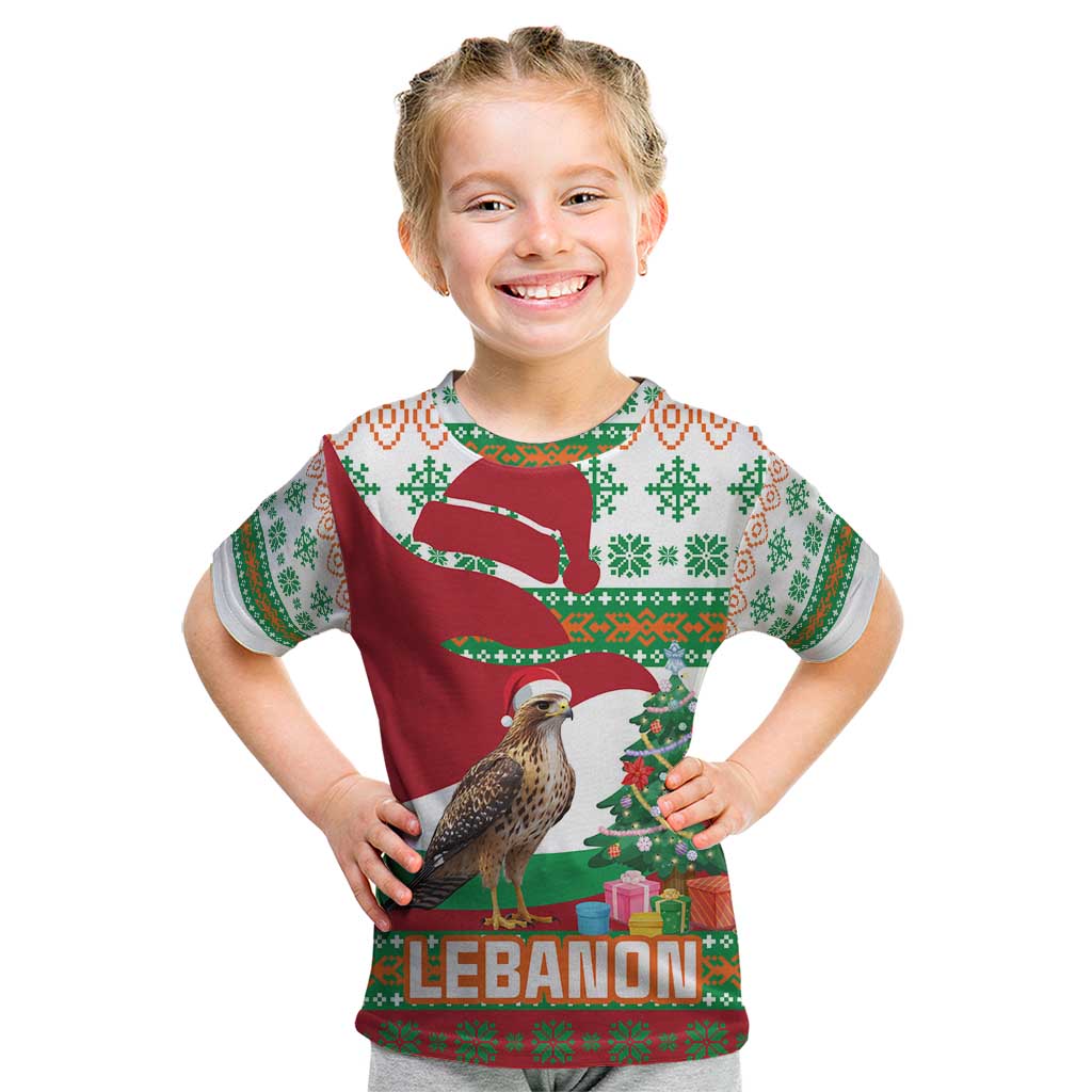 Lebanon Christmas Kid T Shirt with Falcon, Holiday Tree, and Red Green Snowflake Pattern - Wonder Print Shop