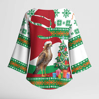 Lebanon Christmas Kimono Sleeve Blouse with Falcon, Holiday Tree, and Red Green Snowflake Pattern - Wonder Print Shop