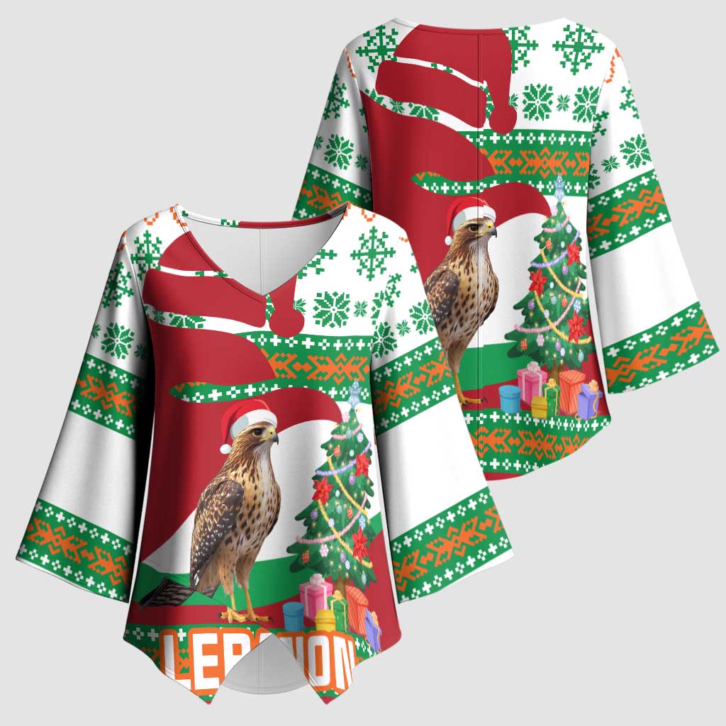 Lebanon Christmas Kimono Sleeve Blouse with Falcon, Holiday Tree, and Red Green Snowflake Pattern - Wonder Print Shop