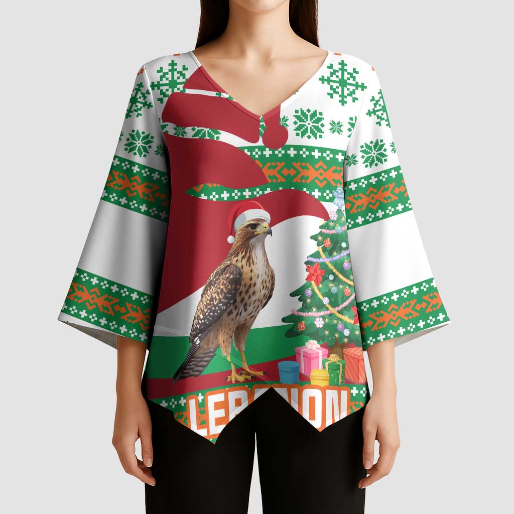 Lebanon Christmas Kimono Sleeve Blouse with Falcon, Holiday Tree, and Red Green Snowflake Pattern - Wonder Print Shop