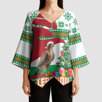 Lebanon Christmas Kimono Sleeve Blouse with Falcon, Holiday Tree, and Red Green Snowflake Pattern - Wonder Print Shop