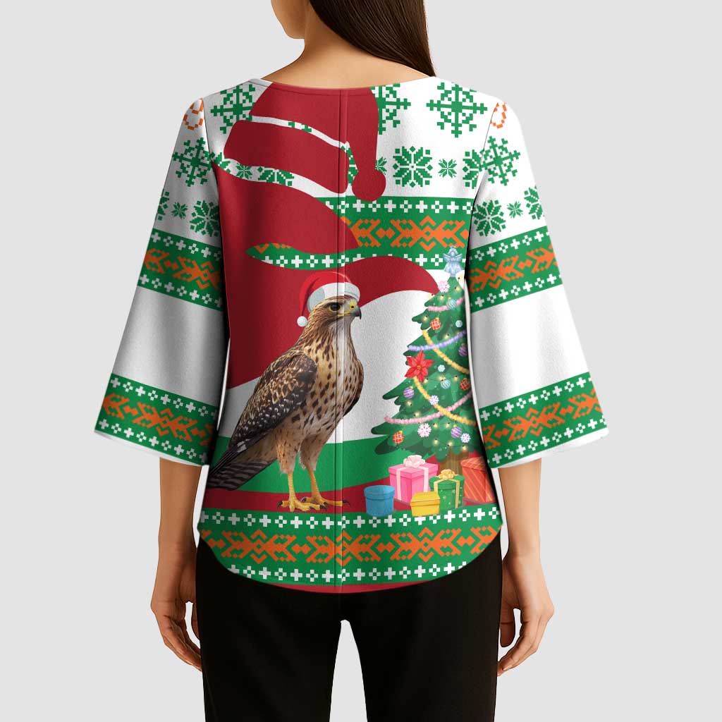 Lebanon Christmas Kimono Sleeve Blouse with Falcon, Holiday Tree, and Red Green Snowflake Pattern - Wonder Print Shop