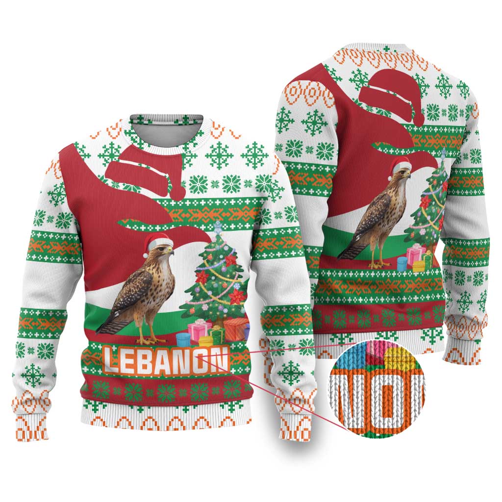 Lebanon Christmas Ugly Christmas Sweater with Falcon, Holiday Tree, and Red Green Snowflake Pattern - Wonder Print Shop