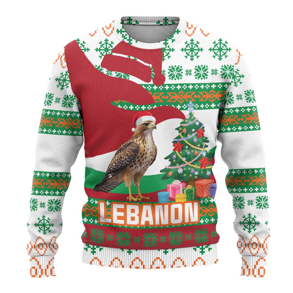 Lebanon Christmas Ugly Christmas Sweater with Falcon, Holiday Tree, and Red Green Snowflake Pattern - Wonder Print Shop