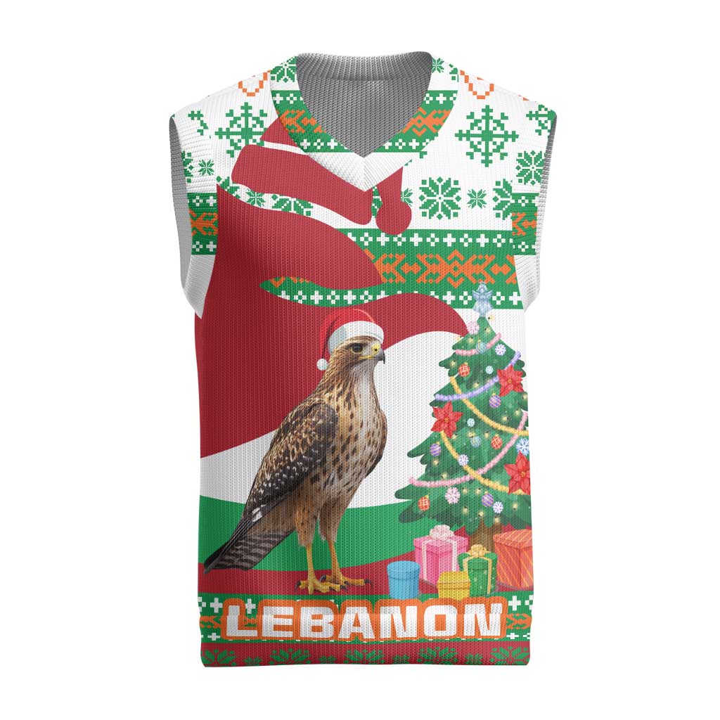 Lebanon Christmas Knitted V-Neck Vest with Falcon, Holiday Tree, and Red Green Snowflake Pattern - Wonder Print Shop