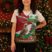 Lebanon Christmas Knitted V-Neck Vest with Falcon, Holiday Tree, and Red Green Snowflake Pattern - Wonder Print Shop