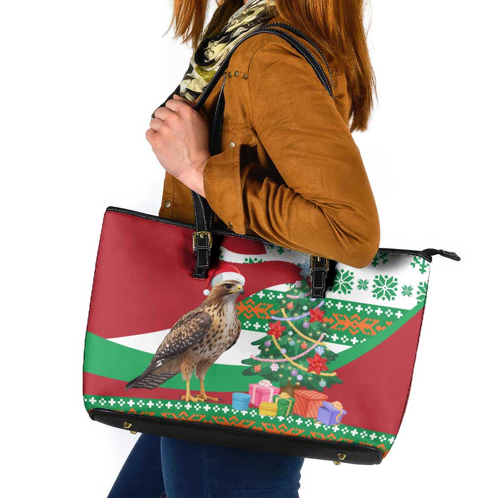 Lebanon Christmas Leather Tote Bag with Falcon, Holiday Tree, and Red Green Snowflake Pattern - Wonder Print Shop