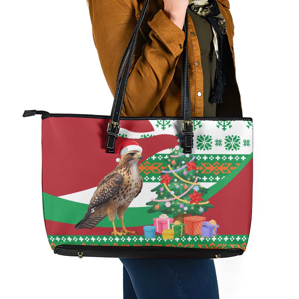Lebanon Christmas Leather Tote Bag with Falcon, Holiday Tree, and Red Green Snowflake Pattern - Wonder Print Shop