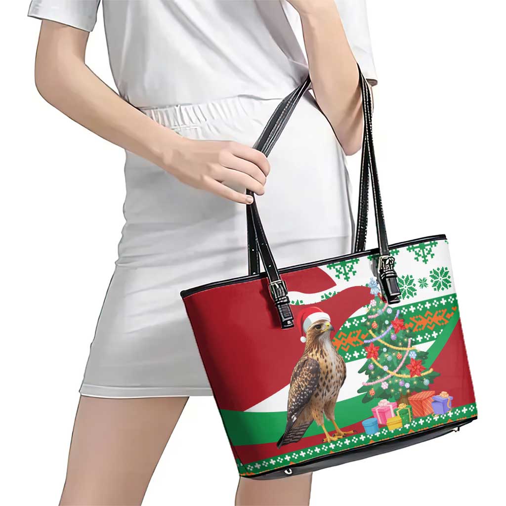 Lebanon Christmas Leather Tote Bag with Falcon, Holiday Tree, and Red Green Snowflake Pattern - Wonder Print Shop