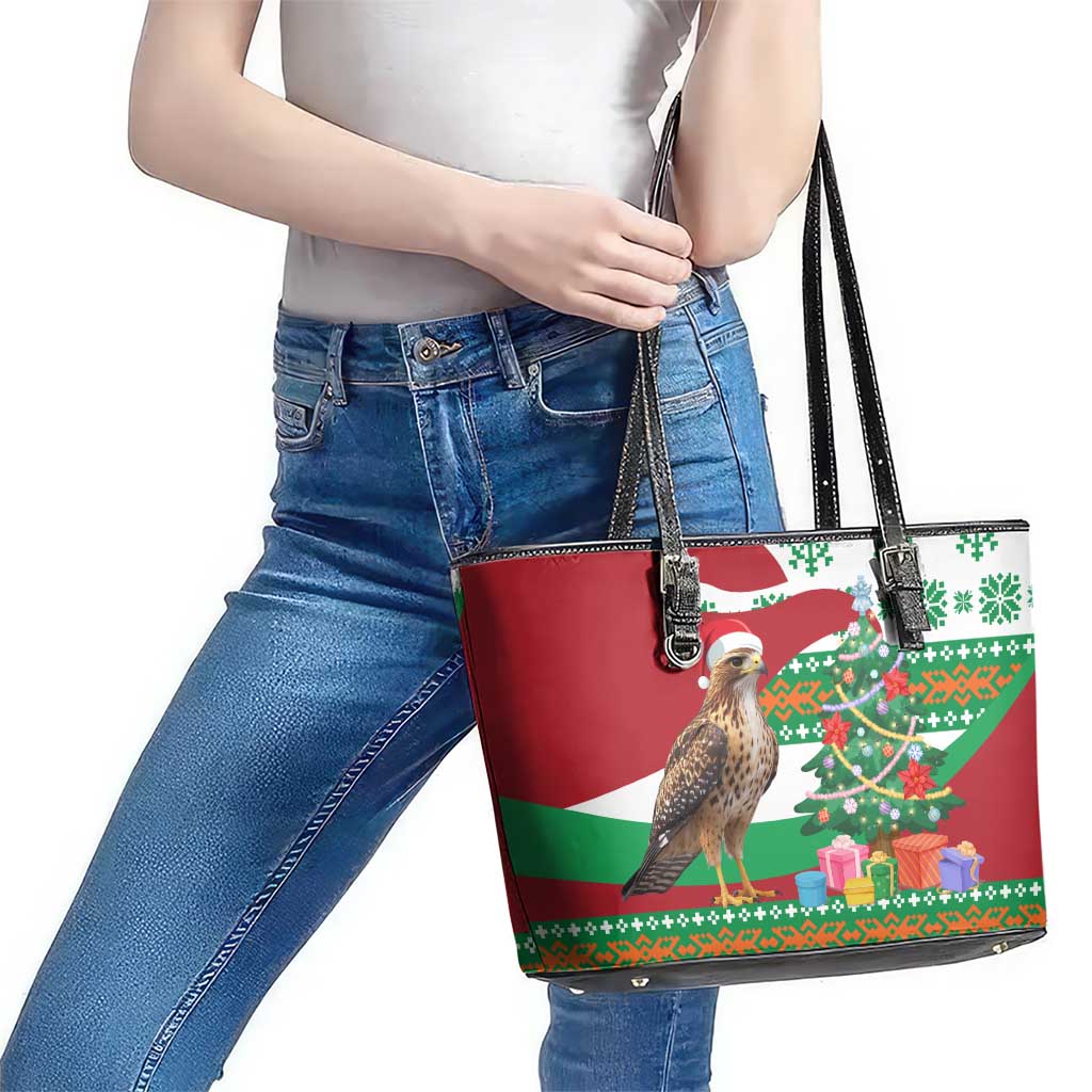 Lebanon Christmas Leather Tote Bag with Falcon, Holiday Tree, and Red Green Snowflake Pattern - Wonder Print Shop